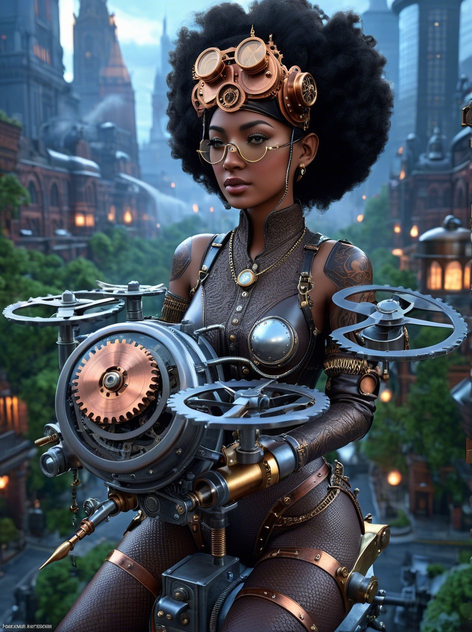Steampunk Female Figure in Futuristic Cityscape