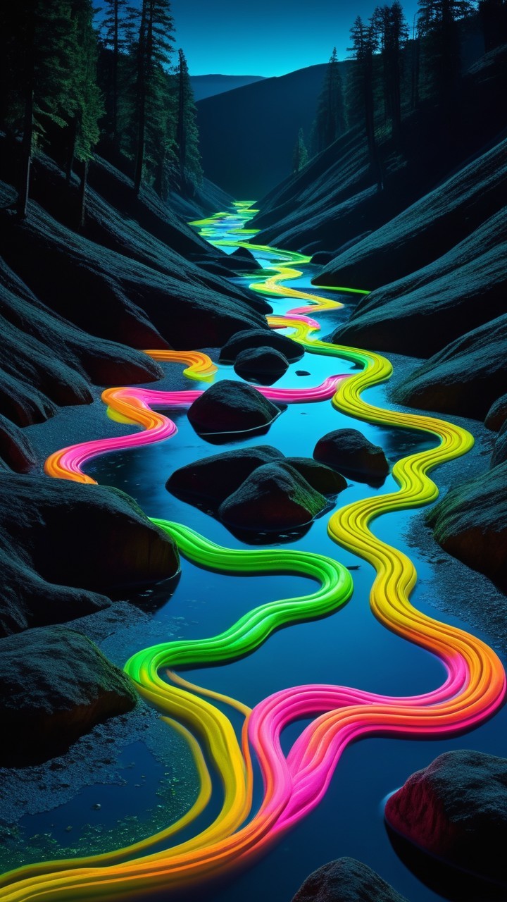 Surreal River Scene with Neon Colors and Lush Landscape