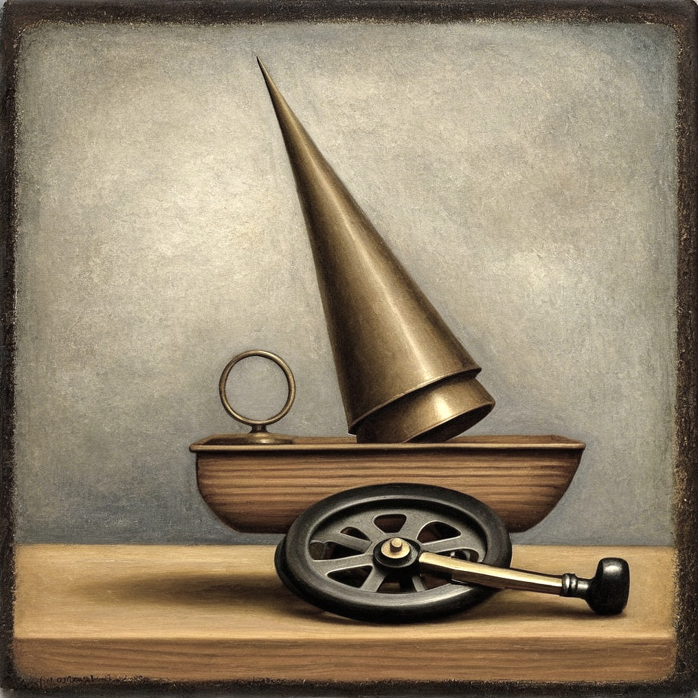Surreal Composition of Brass Funnel and Vintage Wheel