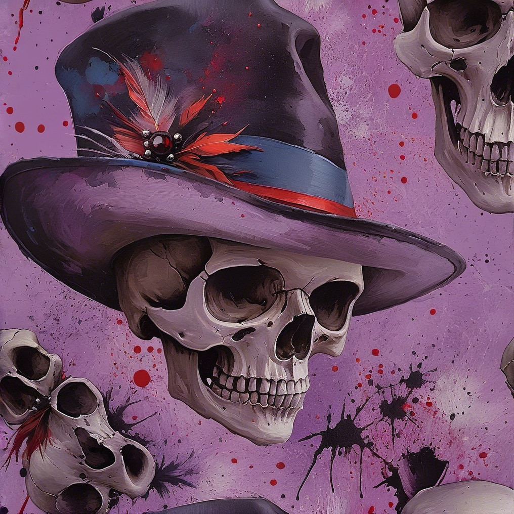 Purple Background with Stylized Skulls and Hats