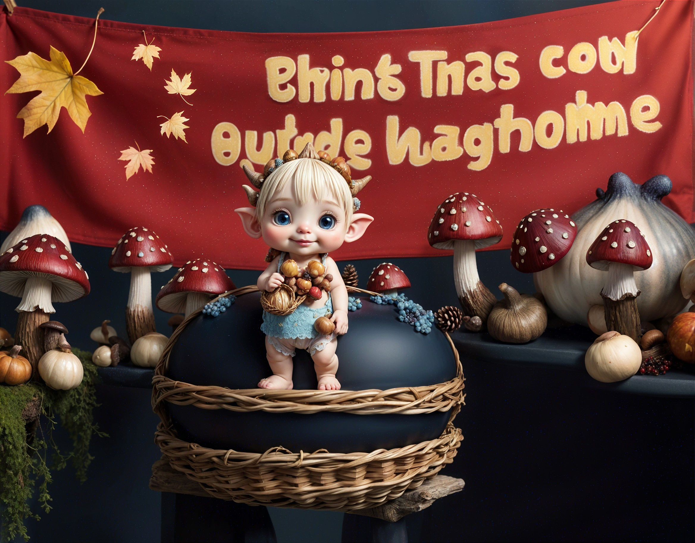 Whimsical Doll Surrounded by Autumn Decorations