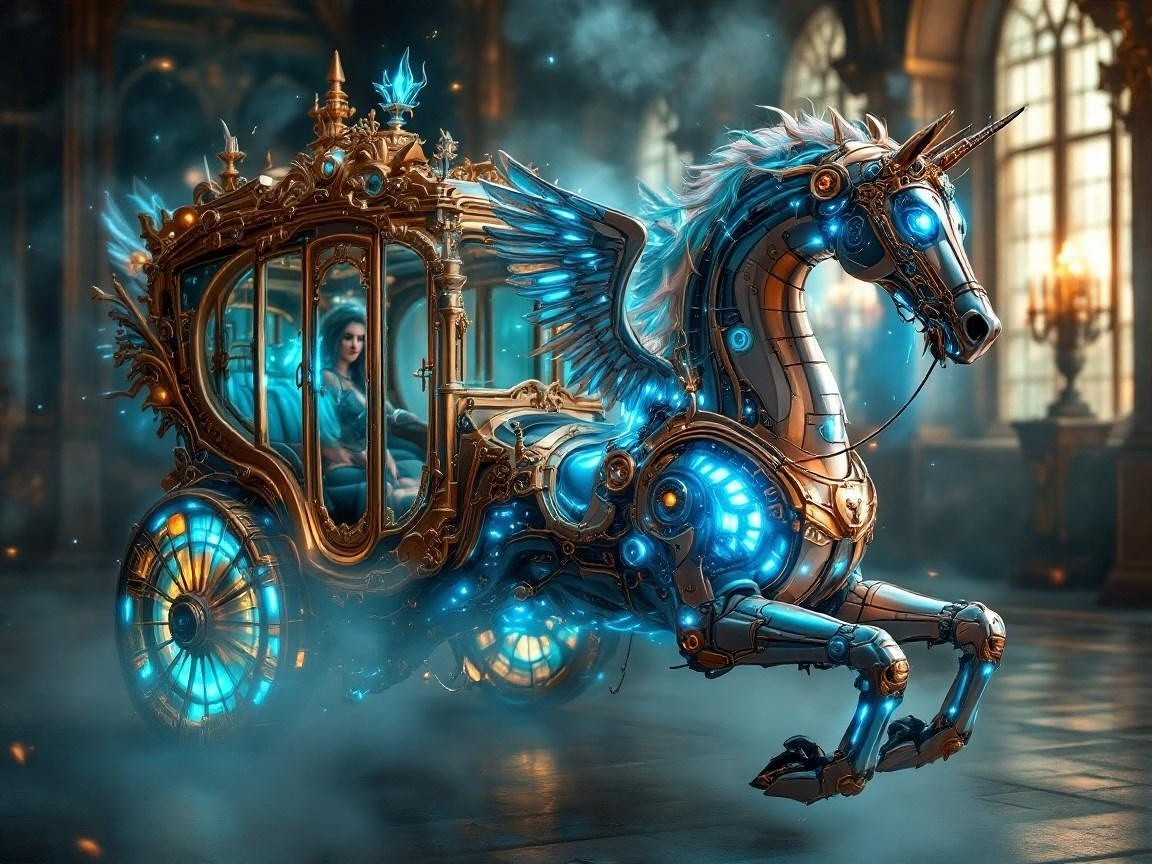 Futuristic Steampunk Carriage with Unicorn and Wings
