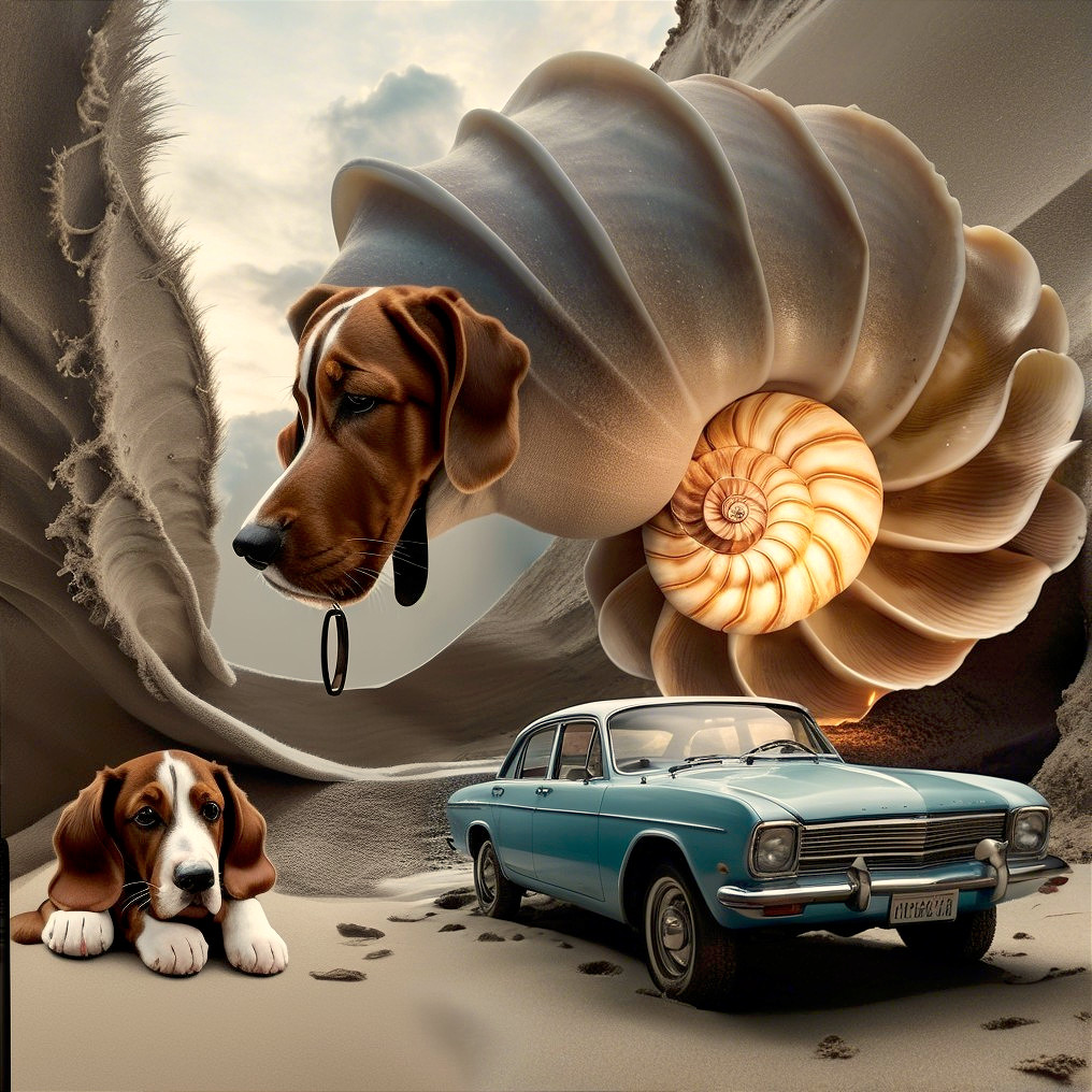 Surreal Landscape with Giant Dog and Seashell