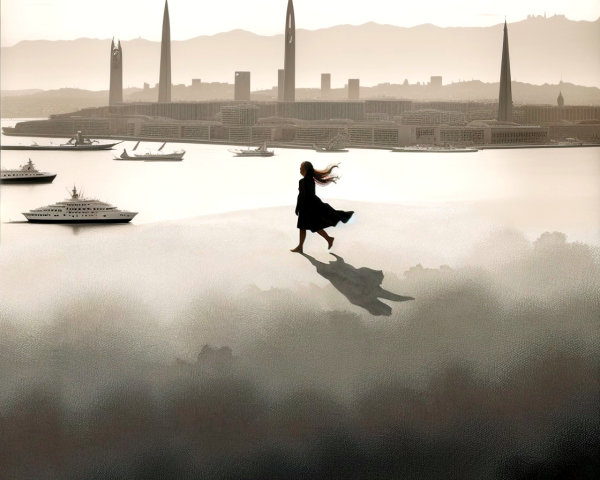 Solitary Figure on Misty Ledge with City Skyline