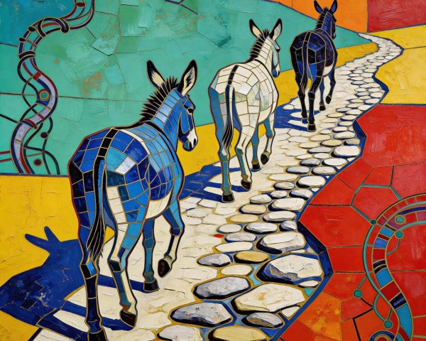 Cubism Painting of Three Donkeys on Cobblestone Path