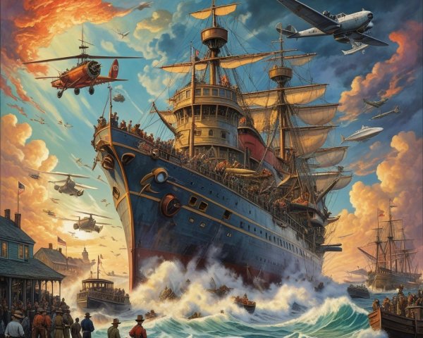 Grand ship sailing through turbulent waves at sunset