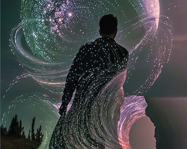 Figure on a Path Under Cosmic Swirls and Moonlight