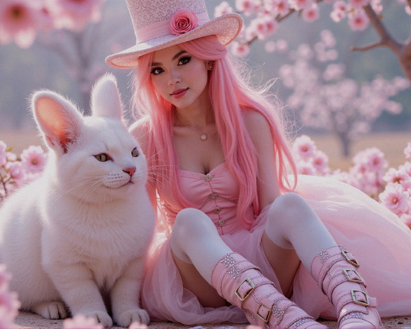 Young Woman in Pink Dress Among Cherry Blossoms