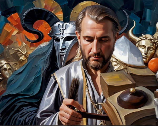 Pensive Figure Examining Ornate Artifact in Rich Setting