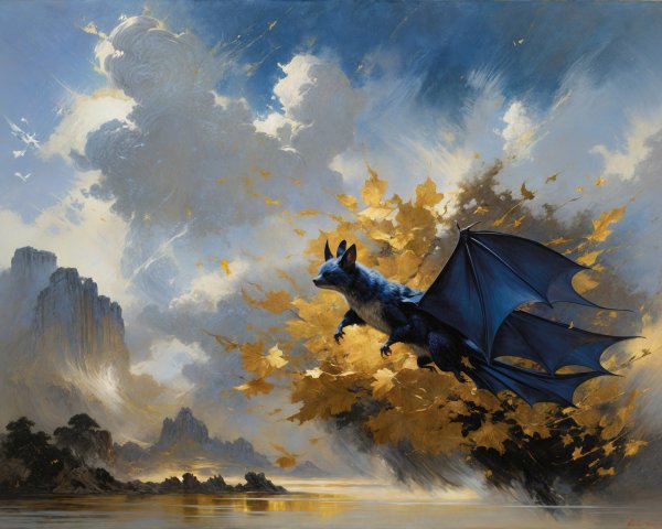 Majestic bat with blue wings in a vibrant sunset sky