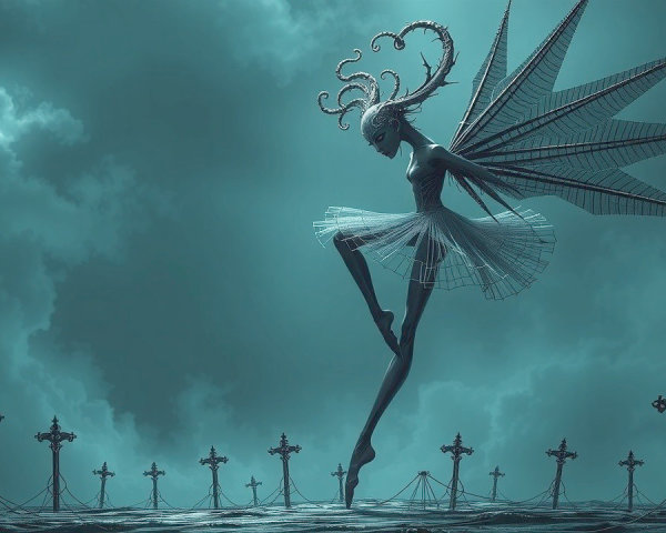 Surreal Figure with Lace Wings Against Cloudy Backdrop
