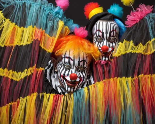 Clowns Behind Colorful Tulle Curtain with Bold Makeup