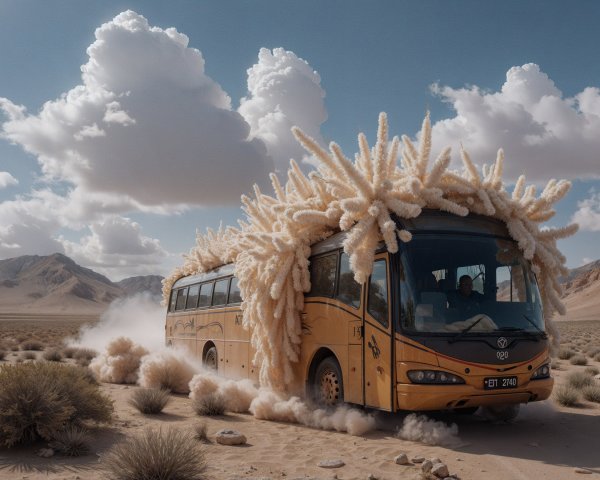 Yellow bus in desert with cotton-like plants and clouds