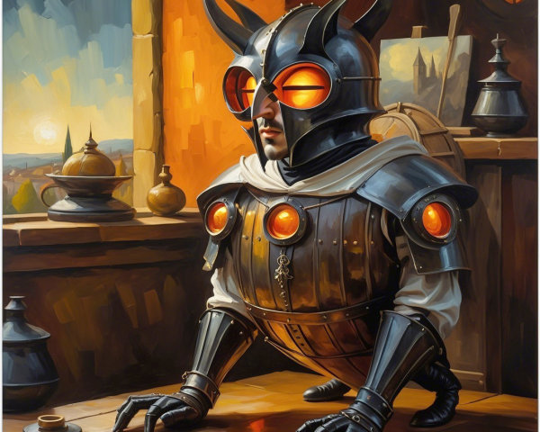 Fantastical Armored Figure in Steampunk Setting