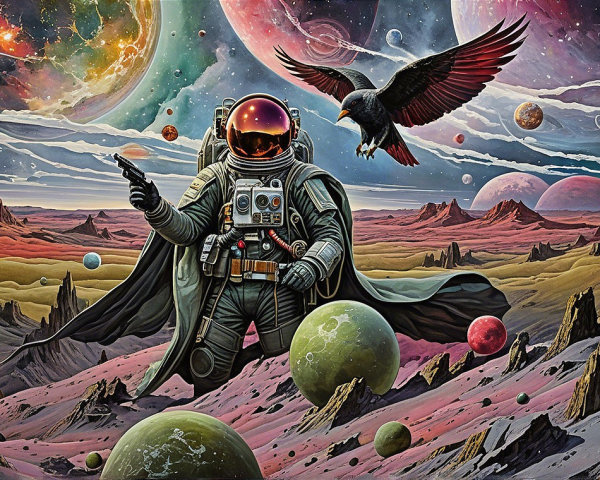 Astronaut in Cosmic Landscape with Colorful Planets