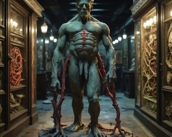 Grotesque Figure in Dimly Lit Gothic Gallery