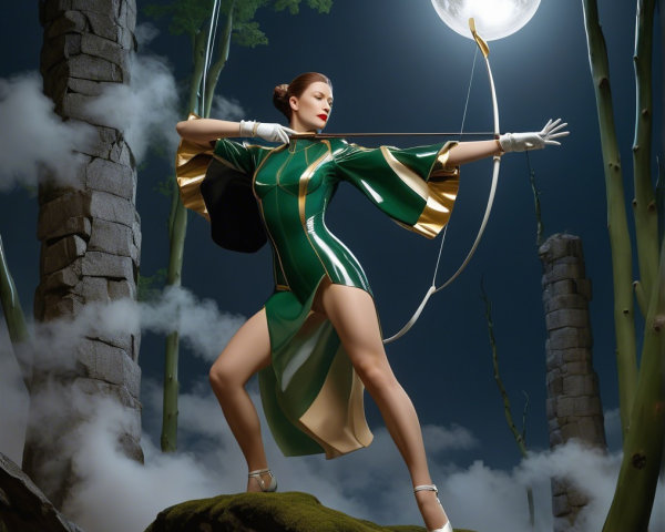 Confident Figure in Green and Gold Amidst Mystical Landscape