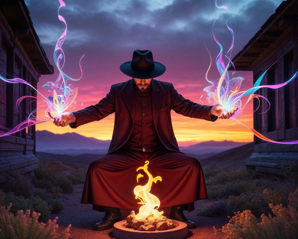 Mystical Figure with Colorful Energy by a Fire