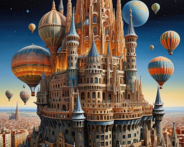 Majestic castle with hot air balloons at twilight