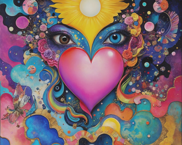 Surreal Heart Artwork with Colorful Cosmic Elements