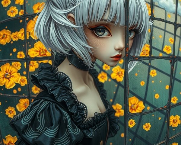 Young girl with silver hair in elegant black dress