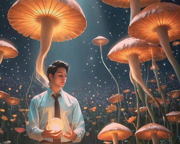 Young man in a magical landscape with glowing mushrooms
