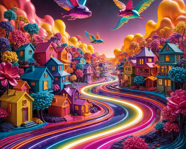 Surreal Landscape with Colorful Houses and Flora