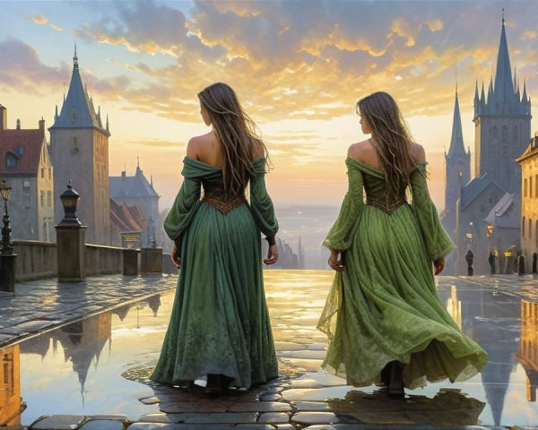 Medieval Town Scene with Women in Green Dresses