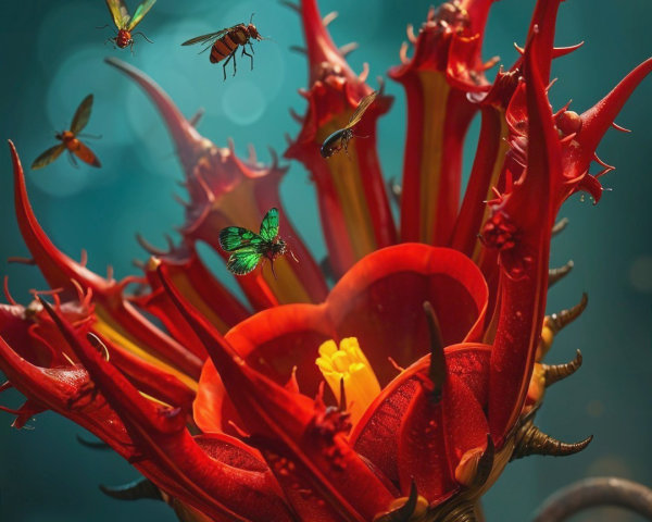 Vibrant Red Flower Surrounded by Insects in Mystical Setting
