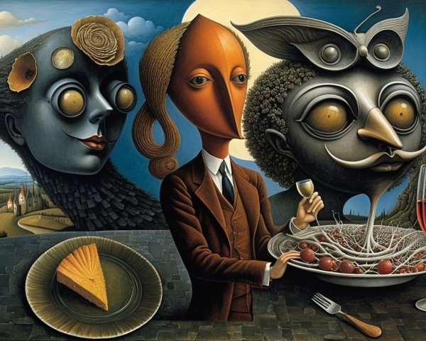 Surreal Scene with Stylized Characters and Dreamy Landscape