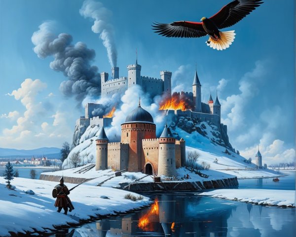 Medieval Castle in Flames Amidst Winter Landscape