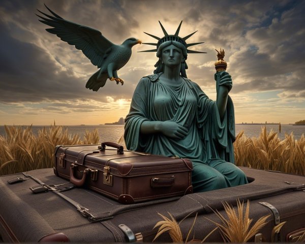 Statue on Vintage Suitcase with Dove and Wheat Fields