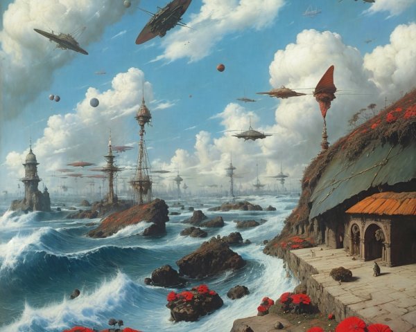 Surreal Seaside Landscape with Steampunk Elements