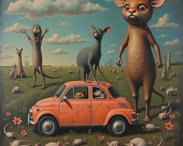 Giant Mouse and Cat in Whimsical Landscape Scene