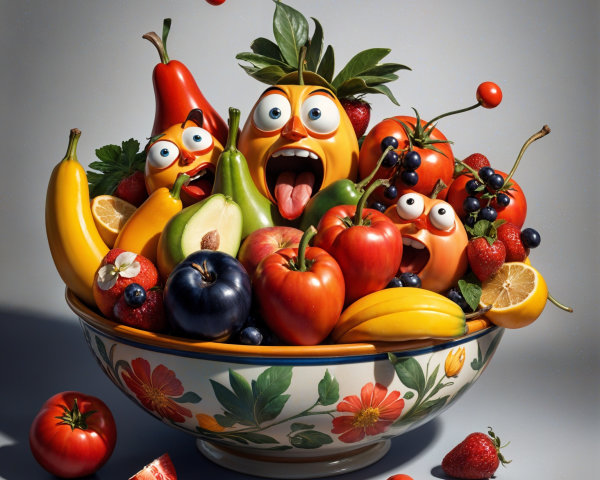 Colorful Fruit Bowl with Playful Faces and Decor