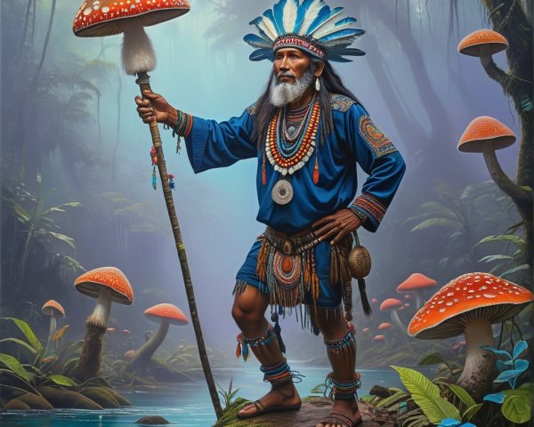 Mystical Figure in Enchanted Forest with Mushrooms