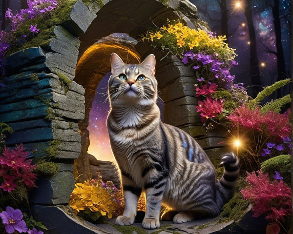Tabby Cat in Stone Archway with Vibrant Flowers