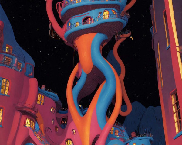 Whimsical Nighttime City with Colorful Organic Architecture