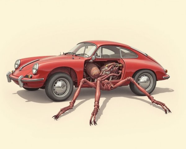 Vintage Red Sports Car with Surreal Creature Inside