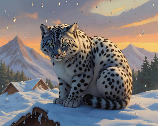 Snow Leopard on Cabin Roof with Sunset Mountains