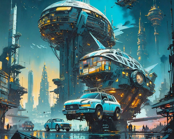 Futuristic cityscape with sleek buildings and flying cars