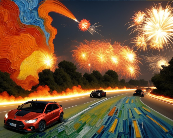 Vibrant Night Scene with Cars and Fireworks Display