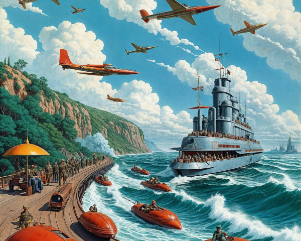 Dramatic Maritime Scene with Battleship and Aircraft