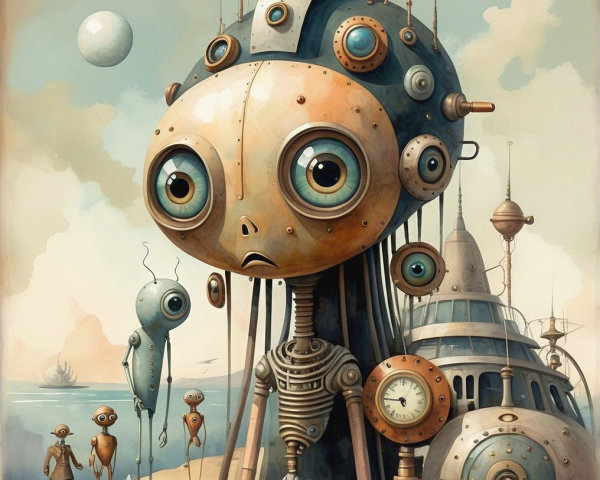 Steampunk Robot in Surreal Landscape with Quirky Companions