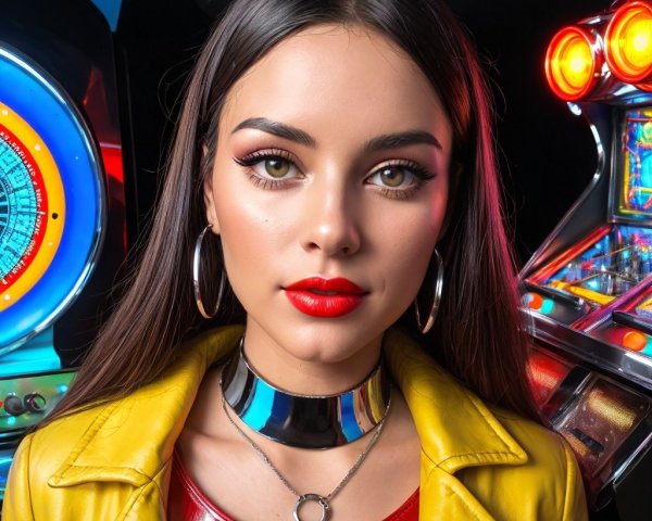 Young Woman Posing in Colorful Arcade Setting