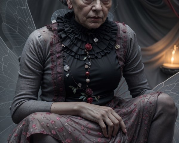 Elderly Woman with Wings in Elegant Attire