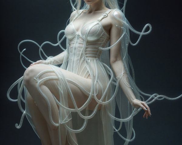 Ethereal Outfit of Translucent Fabric with Whimsical Hair