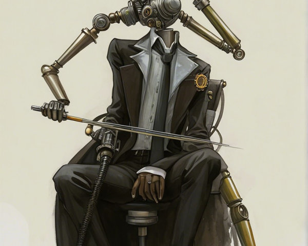 Stylized character in suit with robotic arm and cane