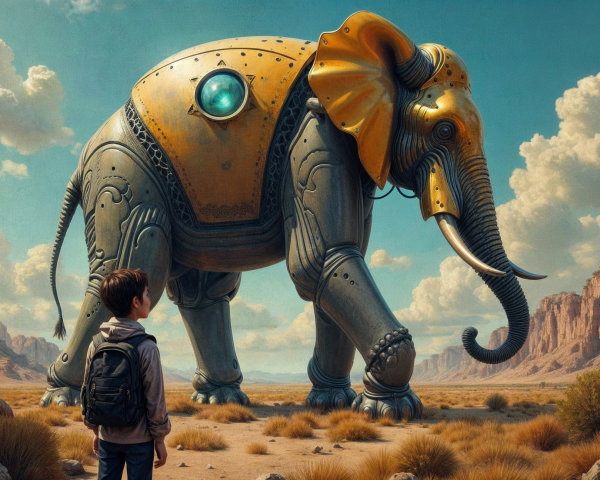 Young Boy and Colossal Robotic Elephant in Desert