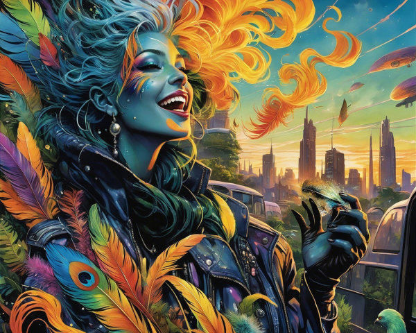 Surreal Artwork of Woman with Teal Skin and Feathers